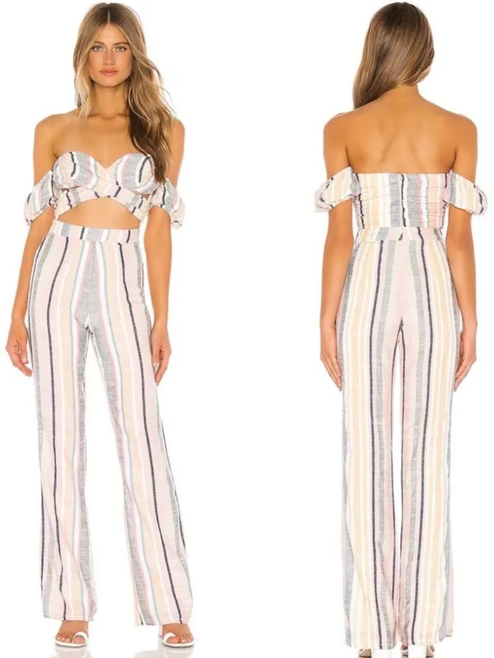 MAJORELLE Pastel Multistripe Off-Shoulder Wide-Leg Jumpsuit Size M